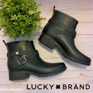 Lucky Brand Rain Boots Womens 9 M Black Rindah Ankle Top Pull On Buckle Strap